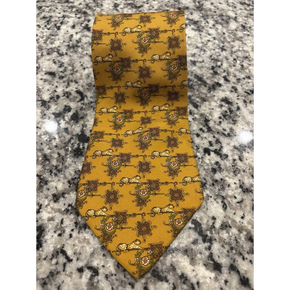 Salvatore Ferragamo Men's Silk Tie Vintage Yellow Gold Jaguars On Columns Geo